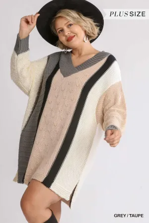 Oversized Multicolor Boucle V-neck Pullover Sweater Dress With Side Slit