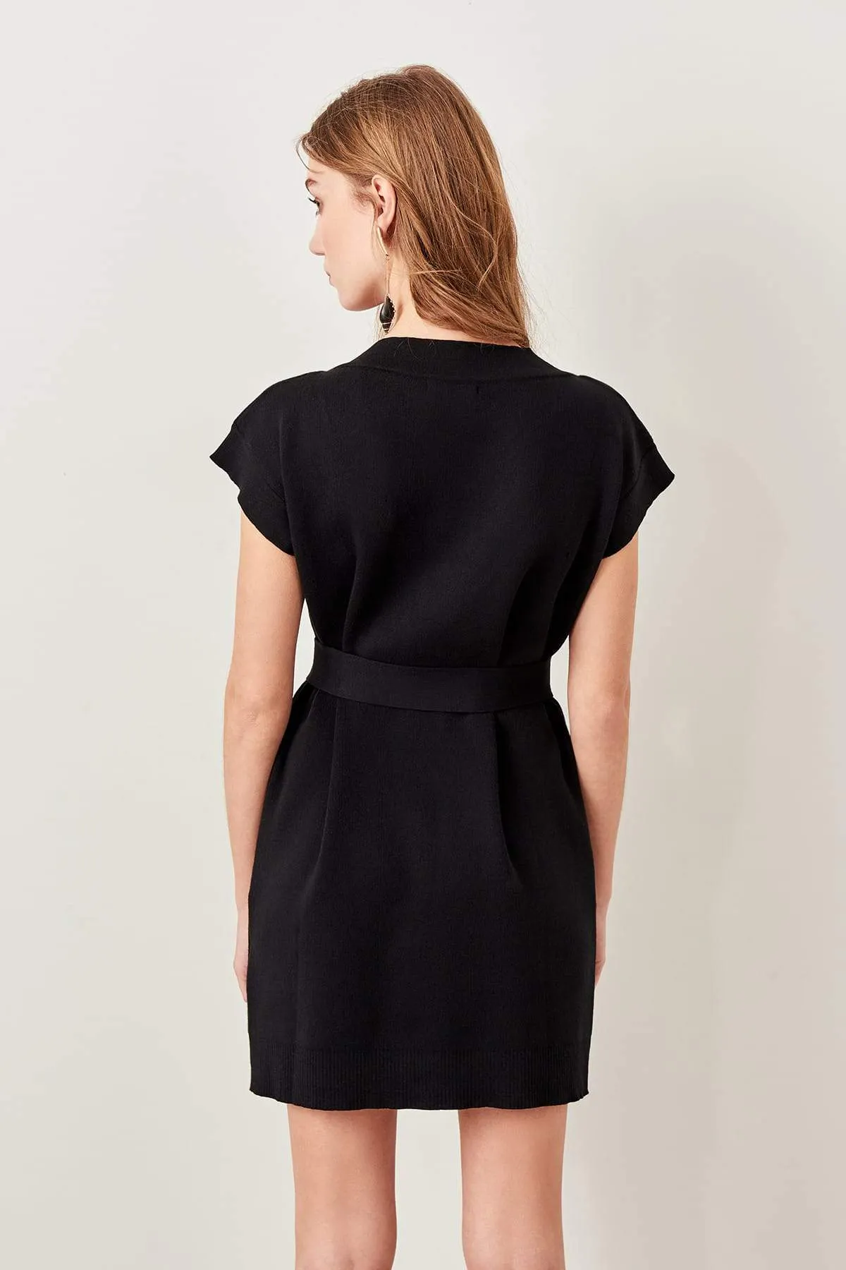 11595 Black Belted Cotton Blend Sweater Dress