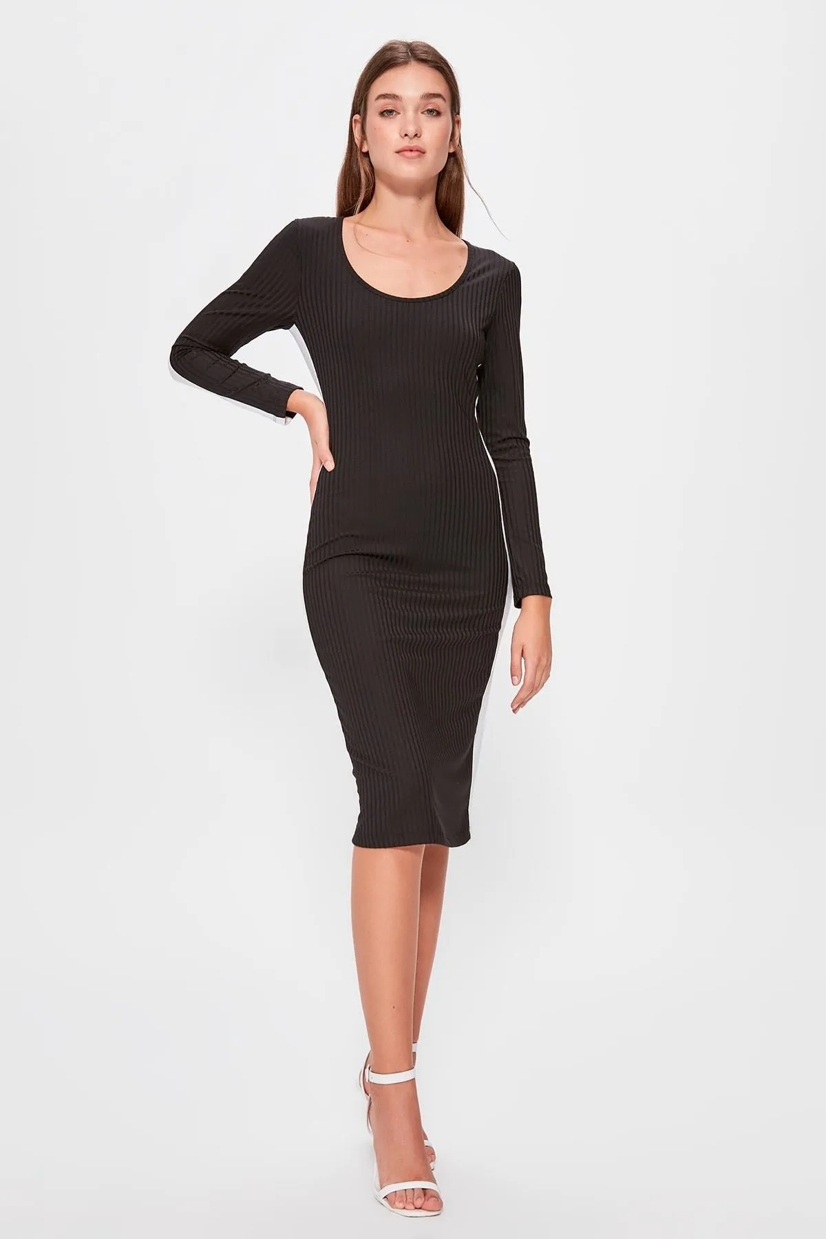 13422 Black Knitted Side Stripe Dress