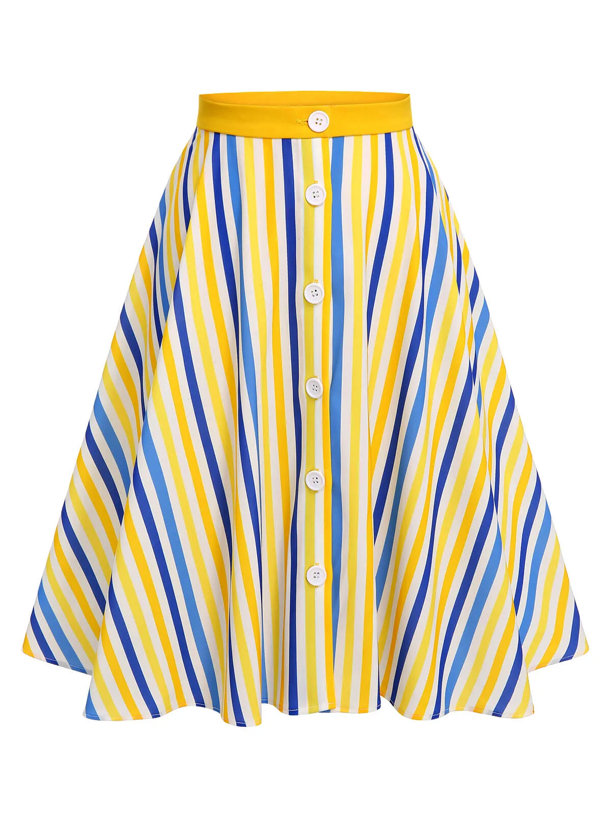 1950s Yellow White Blue Striped Button Skirt