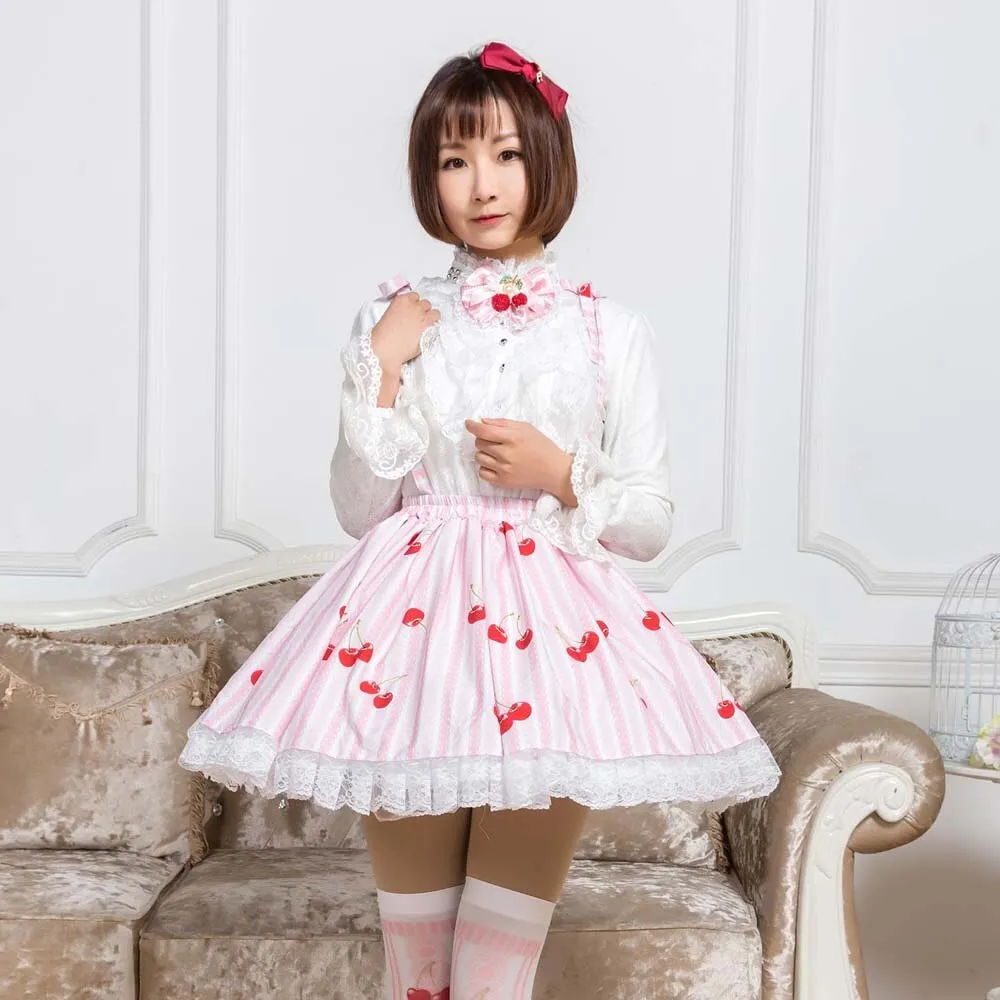 2019 Mori Girl Skirt Sweet Pink Cherry Printed Striped Short Suspender Skirt for Summer