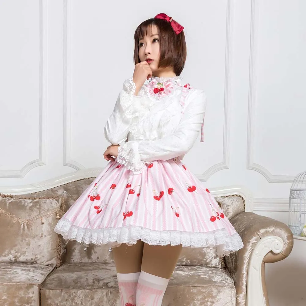 2019 Mori Girl Skirt Sweet Pink Cherry Printed Striped Short Suspender Skirt for Summer