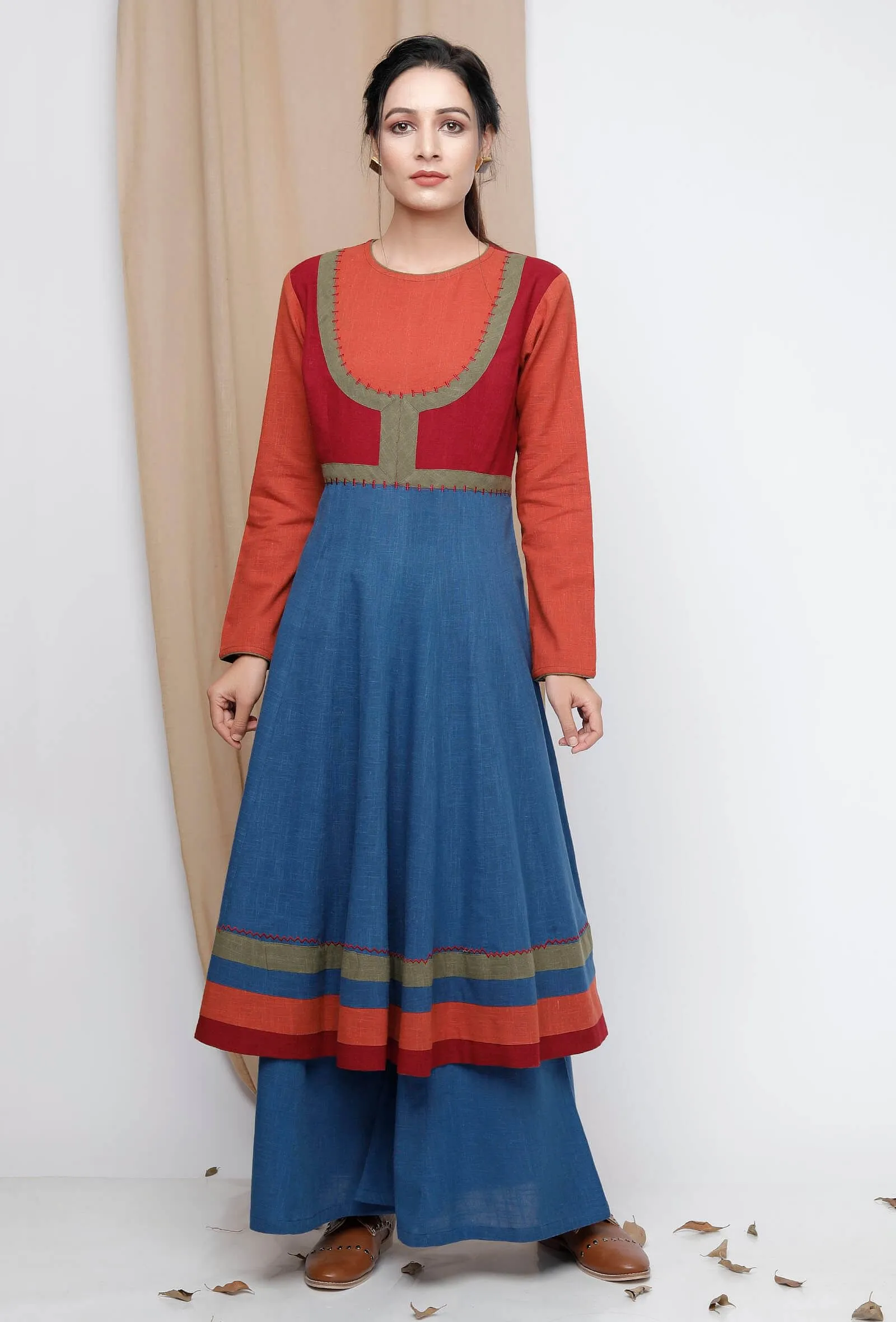 A-line Multicolor Blocked Cotton Kurta