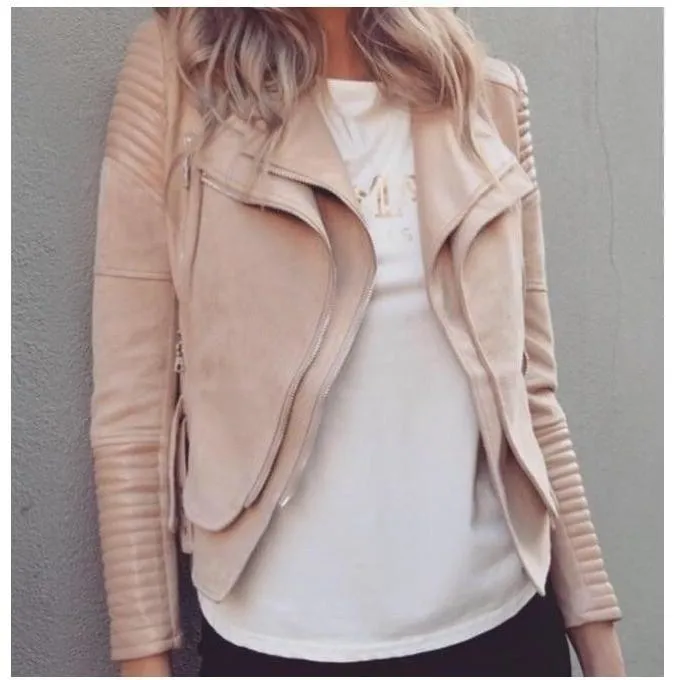 ALISSA VEGAN LEATHER BIKER JACKET- BEIGE