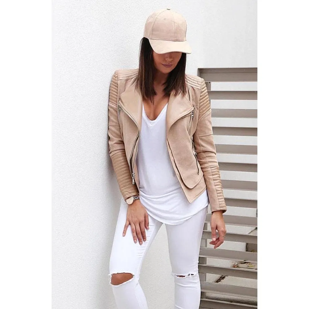 ALISSA VEGAN LEATHER BIKER JACKET- BEIGE