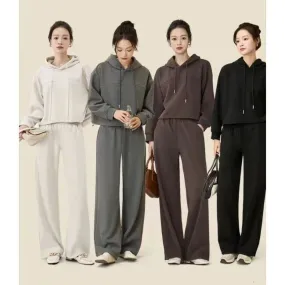 Amozae-Autumn Casual Outfits Amozae-Cotton Hoodeddrawstring Hoodie And Casual Wide Leg Sweat Pant Two-piece Set For Women