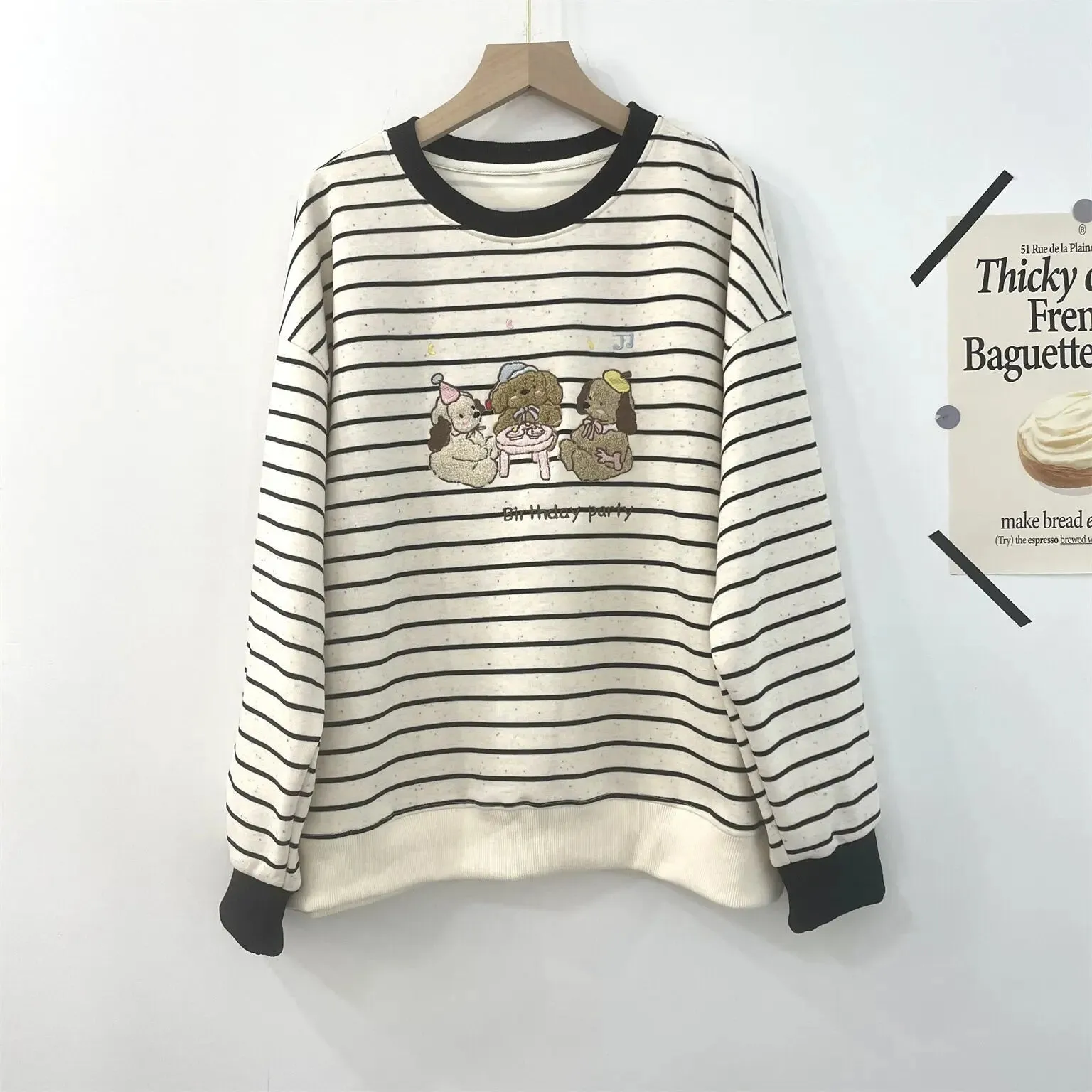 Amozae-Autumn Casual Outfits Amozae-Flocking Embroidery Kawaii Striped Sweatshirt Dog's Birthday Party Playful Autumn Winter Women's Hoodie Loose Top