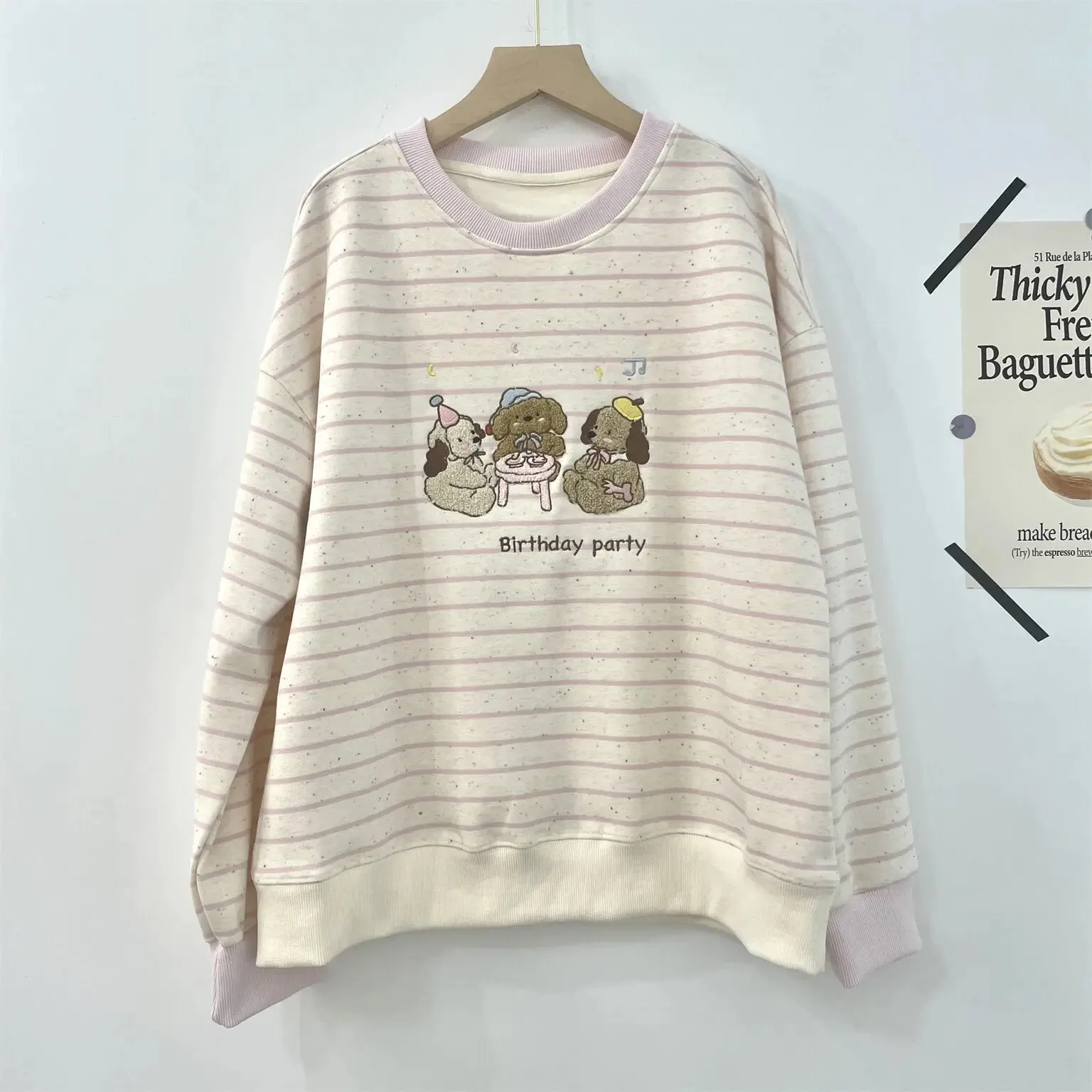 Amozae-Autumn Casual Outfits Amozae-Flocking Embroidery Kawaii Striped Sweatshirt Dog's Birthday Party Playful Autumn Winter Women's Hoodie Loose Top