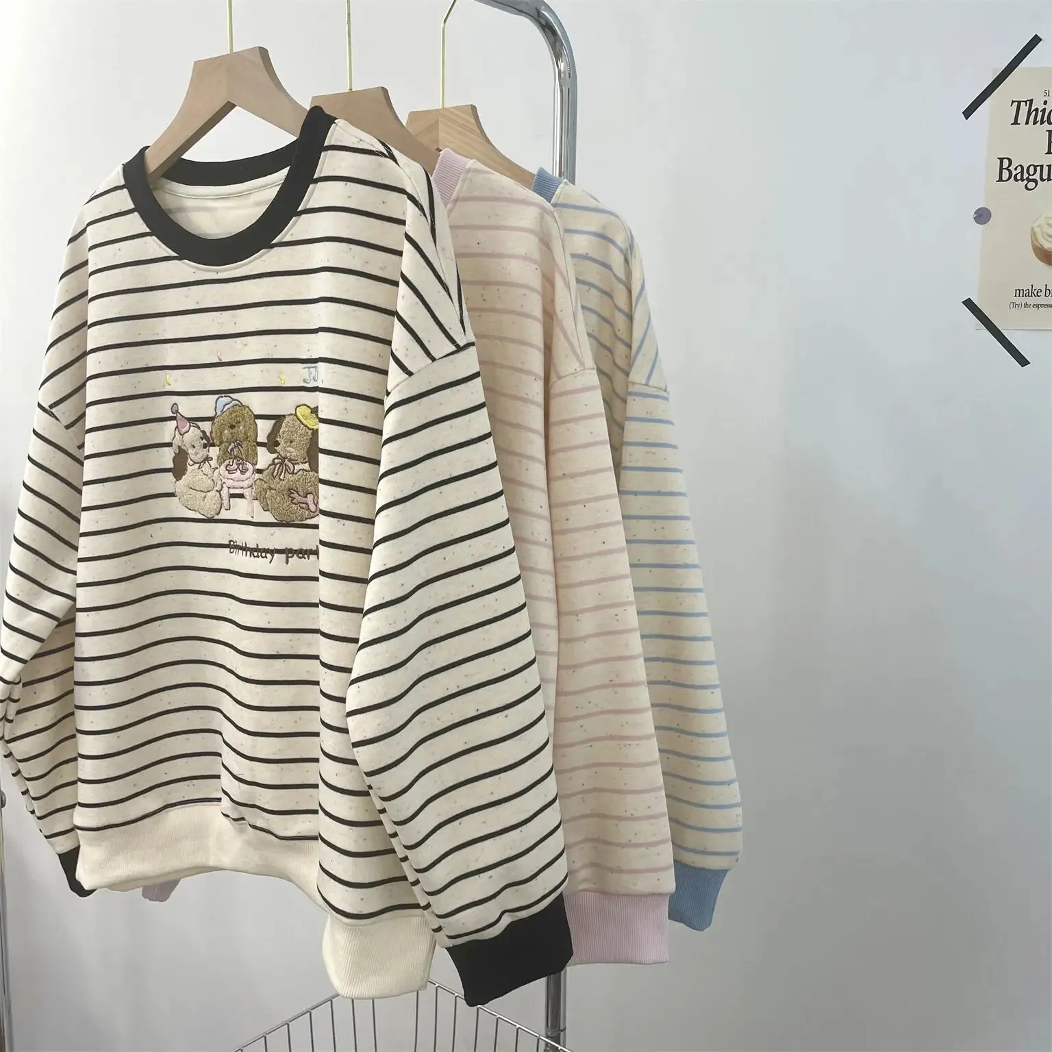 Amozae-Autumn Casual Outfits Amozae-Flocking Embroidery Kawaii Striped Sweatshirt Dog's Birthday Party Playful Autumn Winter Women's Hoodie Loose Top