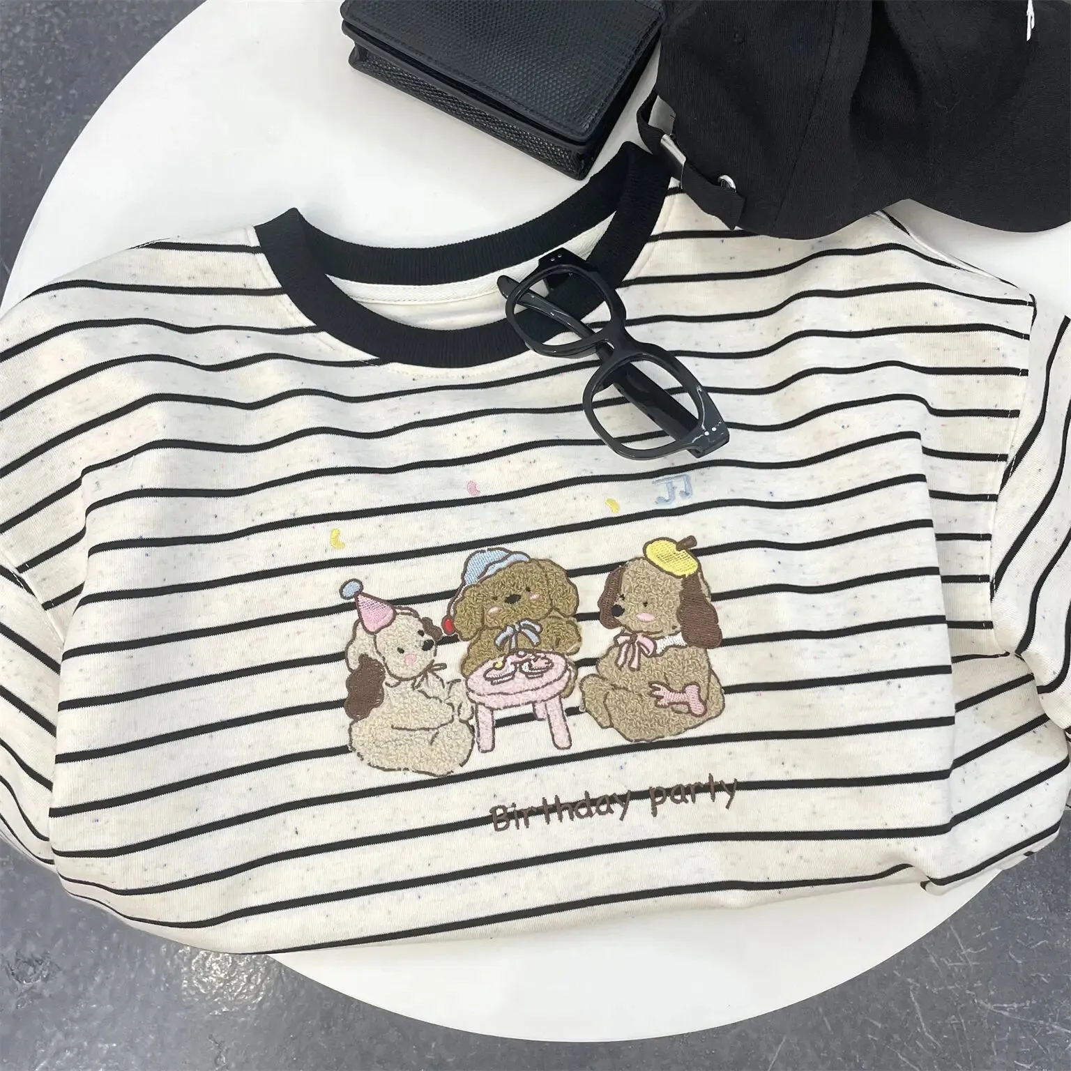 Amozae-Autumn Casual Outfits Amozae-Flocking Embroidery Kawaii Striped Sweatshirt Dog's Birthday Party Playful Autumn Winter Women's Hoodie Loose Top