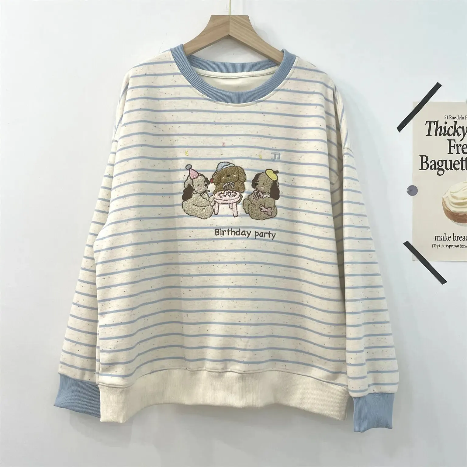 Amozae-Autumn Casual Outfits Amozae-Flocking Embroidery Kawaii Striped Sweatshirt Dog's Birthday Party Playful Autumn Winter Women's Hoodie Loose Top