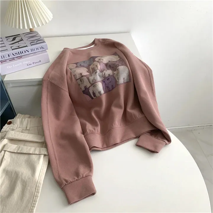 Amozae-Autumn Casual Outfits Amozae-Printed Elephant Pullover Hoodie Women Loose Round Neck Short Top