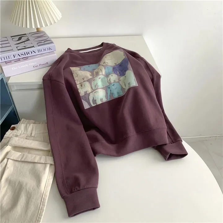 Amozae-Autumn Casual Outfits Amozae-Printed Elephant Pullover Hoodie Women Loose Round Neck Short Top