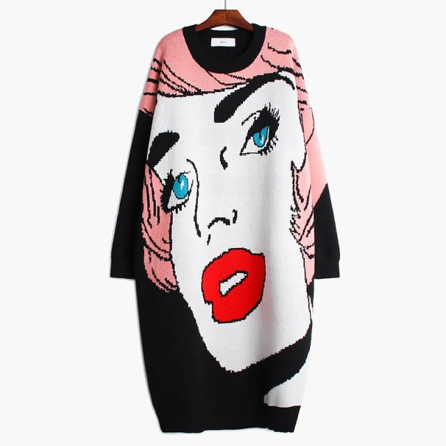 'Angel' Retro Face Print Sweater Dress