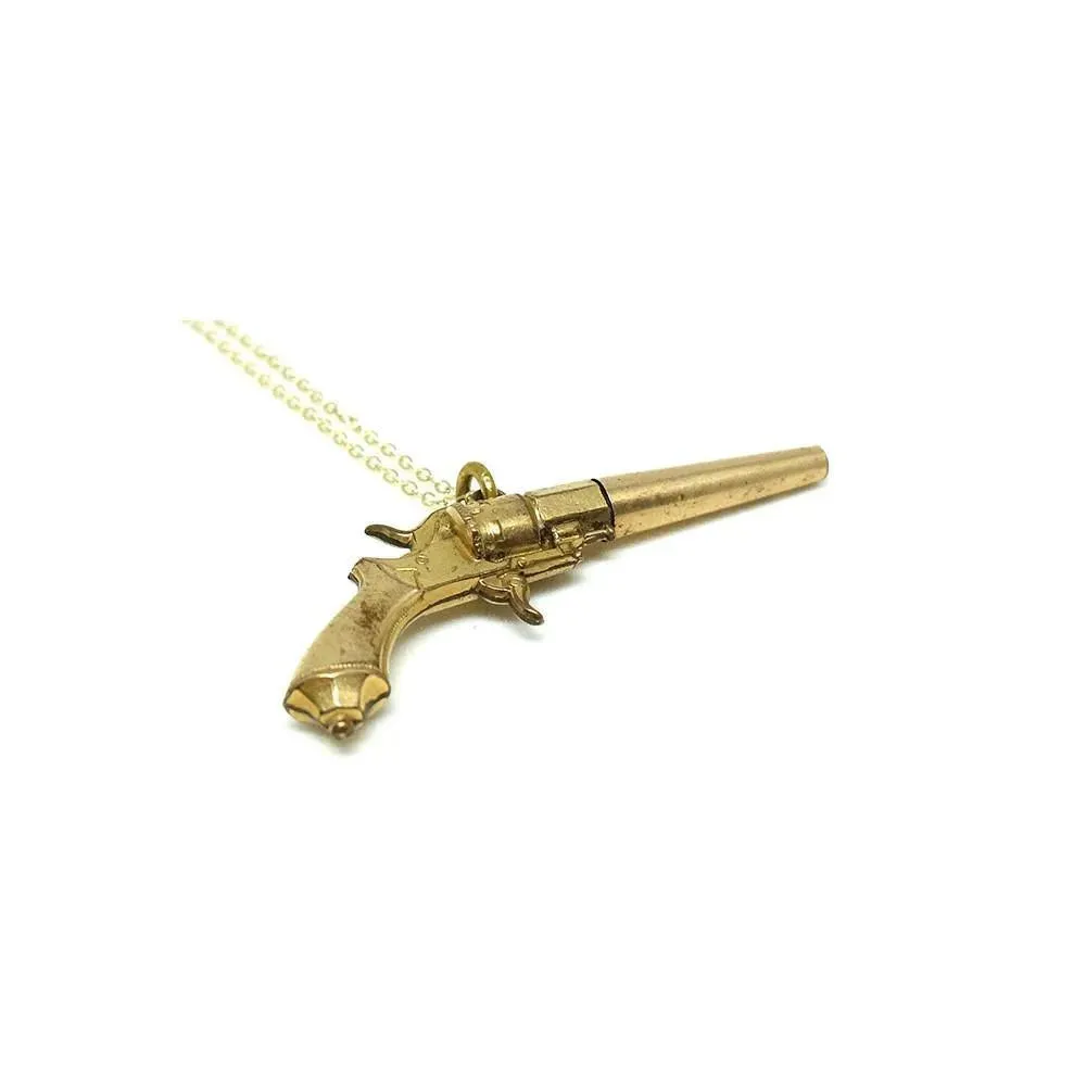 Antique Victorian Yellow Gold Gilt Gun Pocket Watch Key Necklace