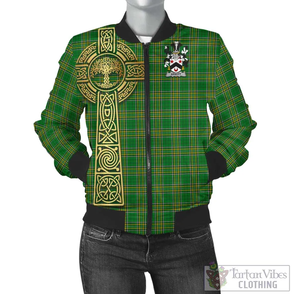 Arnott Irish Clan Tartan Bomber Jacket with Coat of Arms Celtic Tree of Life Style