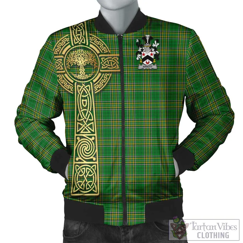 Arnott Irish Clan Tartan Bomber Jacket with Coat of Arms Celtic Tree of Life Style