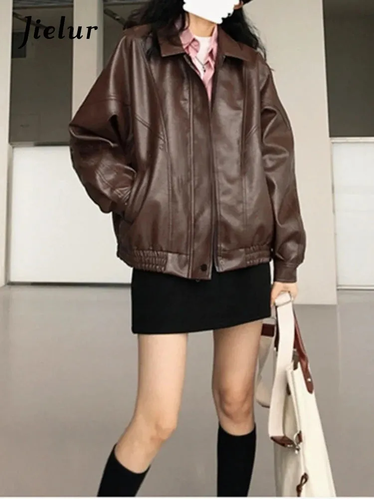 Autumn Pu Leather Jacket Women Spring Vintage Brown Motorcycle Coat Female Korean Loose Street Outerwear