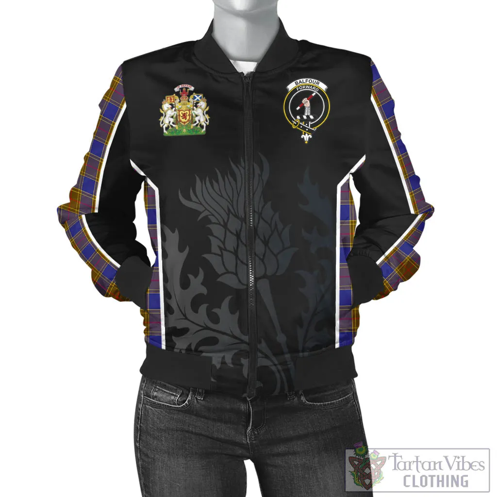 Balfour Tartan Bomber Jacket with Family Crest and Scottish Thistle Vibes Sport Style