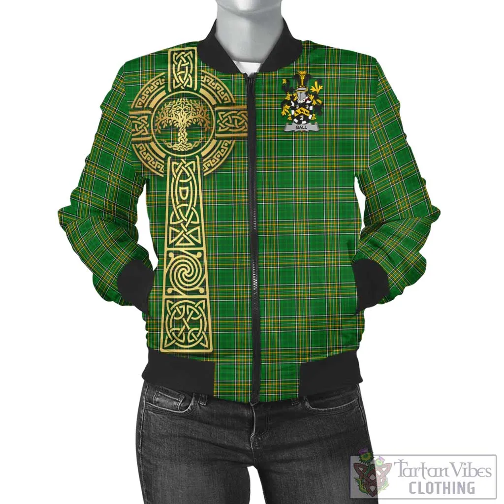 Ball Irish Clan Tartan Bomber Jacket with Coat of Arms Celtic Tree of Life Style