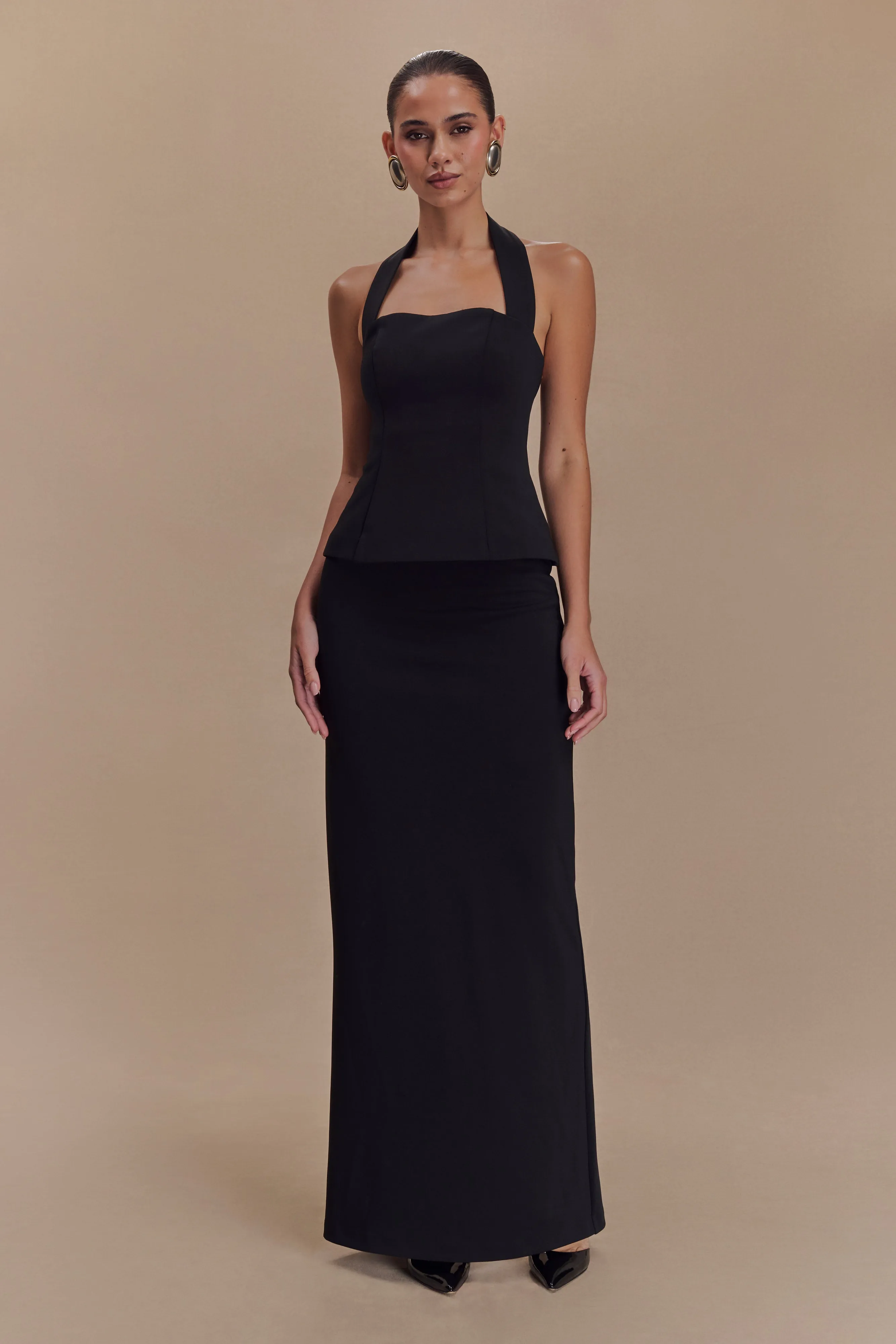 Bertie Peplum Halter Maxi Dress - Black