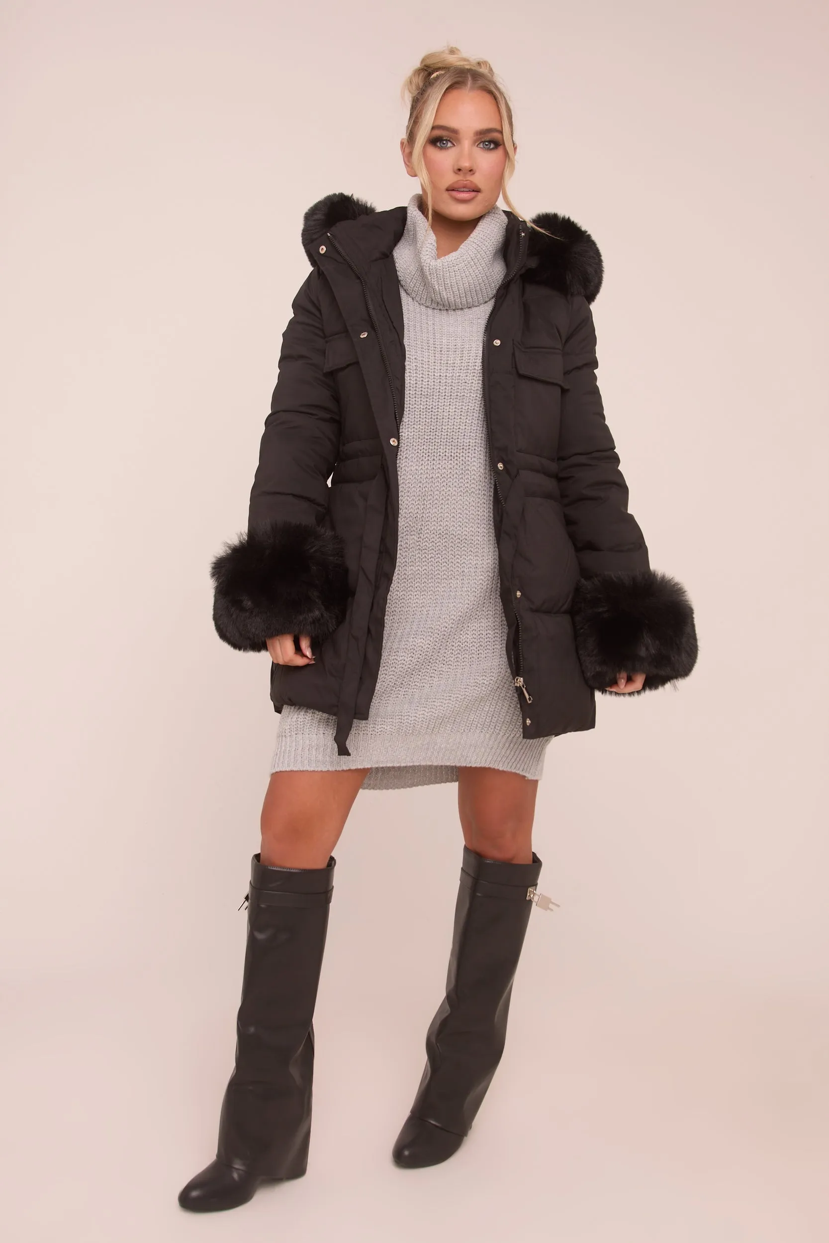 Black Faux Fur Trim Longline Puffer Jacket -  Candy