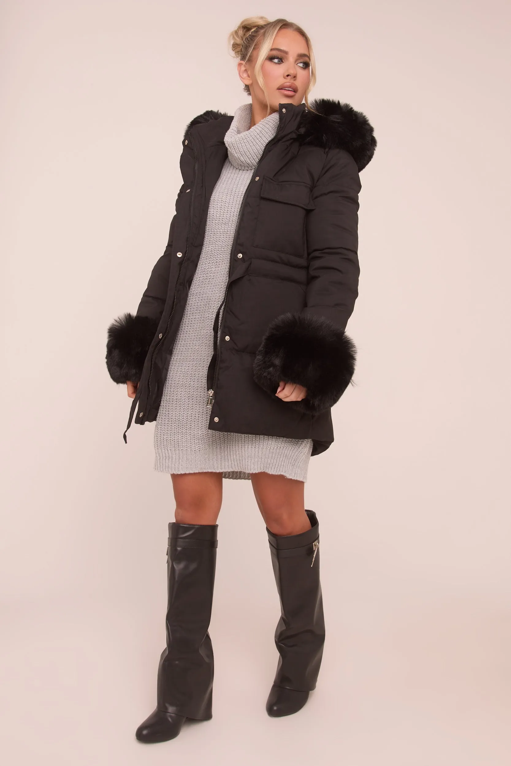 Black Faux Fur Trim Longline Puffer Jacket -  Candy