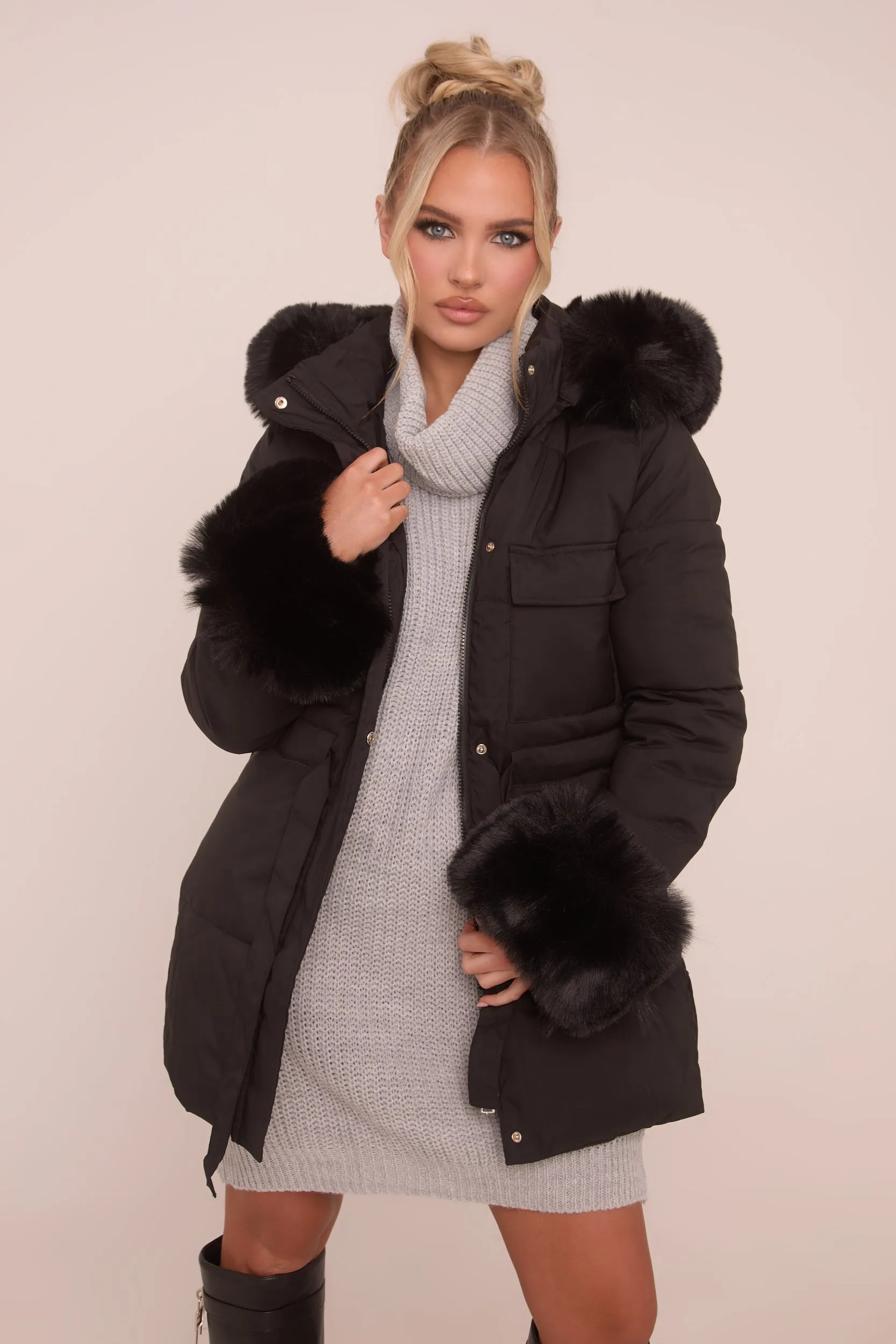 Black Faux Fur Trim Longline Puffer Jacket -  Candy