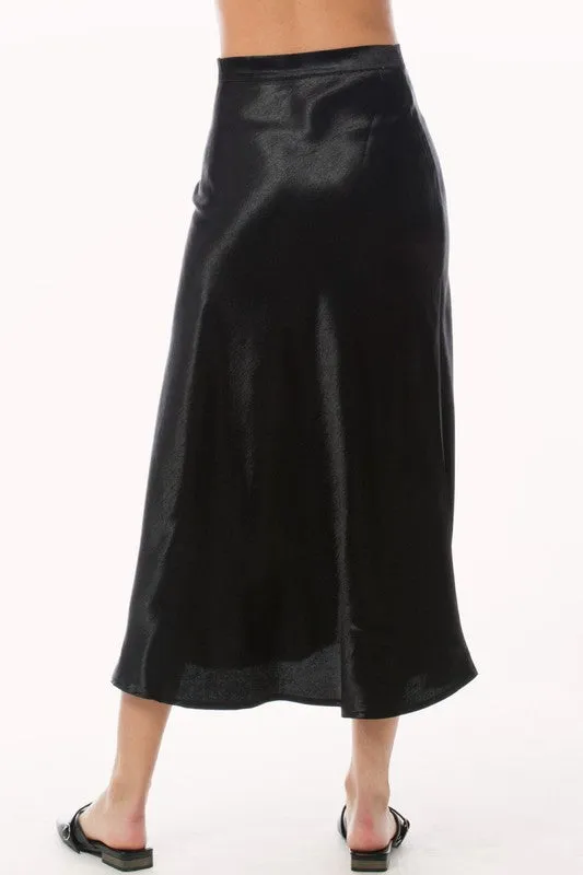 Black Satin Midi A Line Slip Skirt