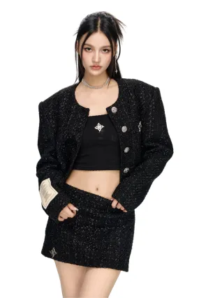 Black Wide-Shoulder Short Tweed Jacket with Cross Design