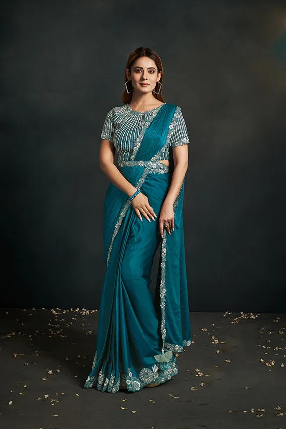 Blue Satin Silk Ready to Wear Designer Saree with Stitched Blouse