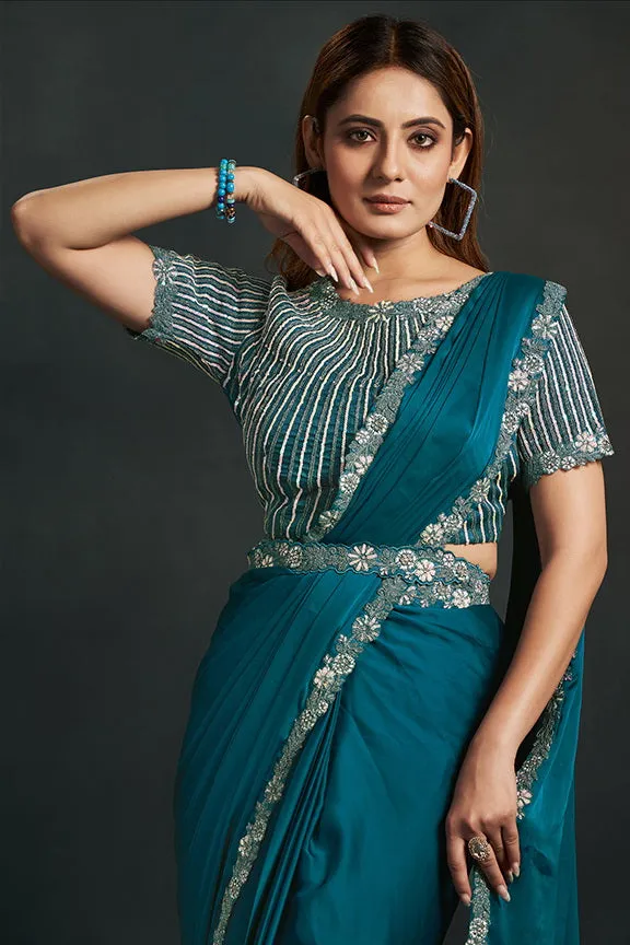 Blue Satin Silk Ready to Wear Designer Saree with Stitched Blouse