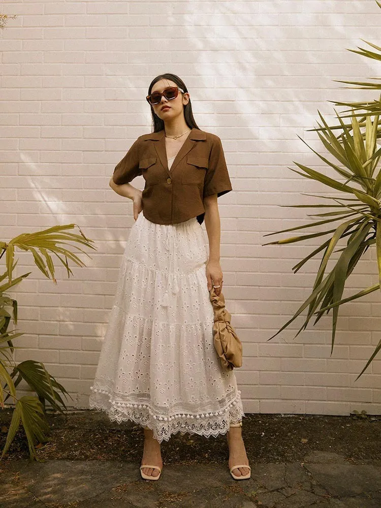 Boho Elastic Waist Cotton Eyelet Lace Long Maxi Tiered Skirt