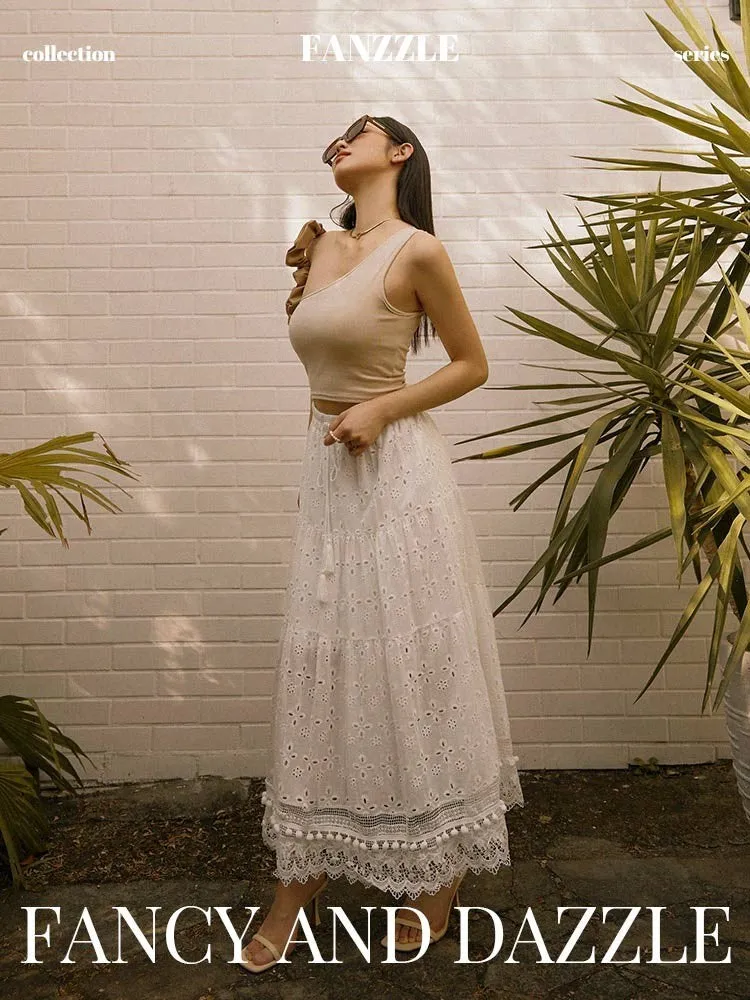 Boho Elastic Waist Cotton Eyelet Lace Long Maxi Tiered Skirt