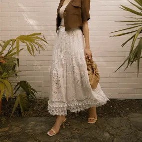 Boho Elastic Waist Cotton Eyelet Lace Long Maxi Tiered Skirt