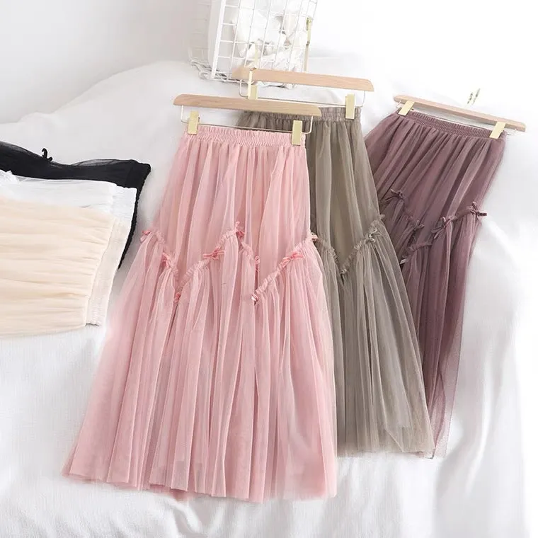 Bow, elastic waist gauze skirt, CHIC, autumn and winter bottom skirt, girl skirt, loose skirt  3529