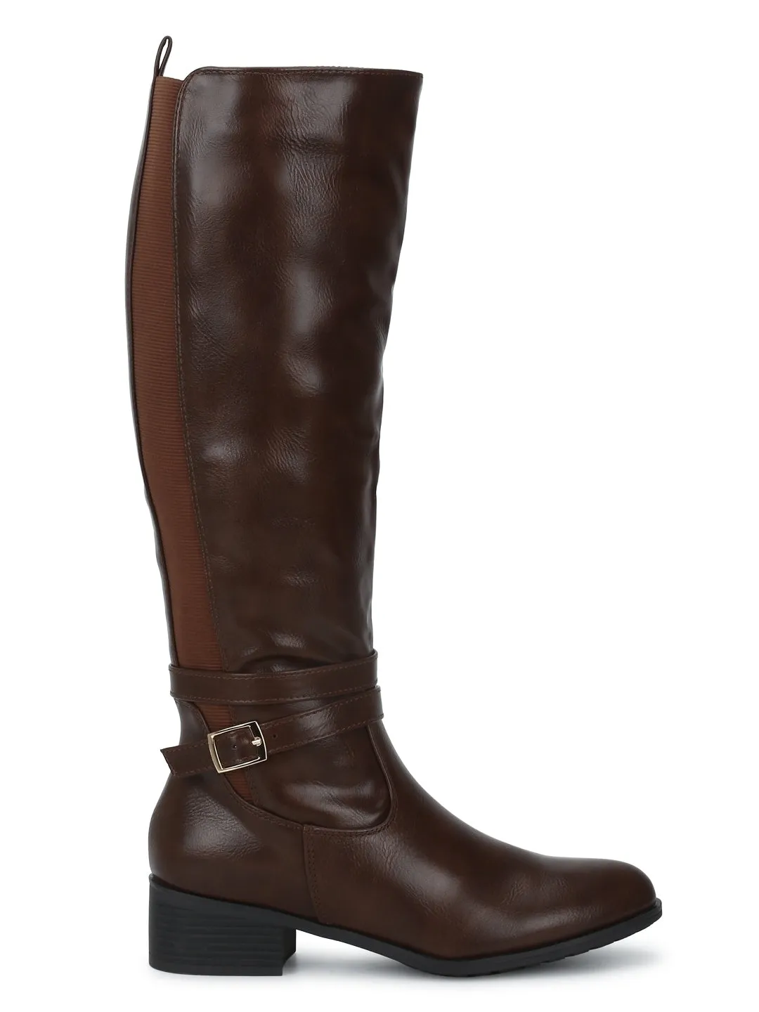 Brown Pu Buckled Low Heel Calf Length Boots