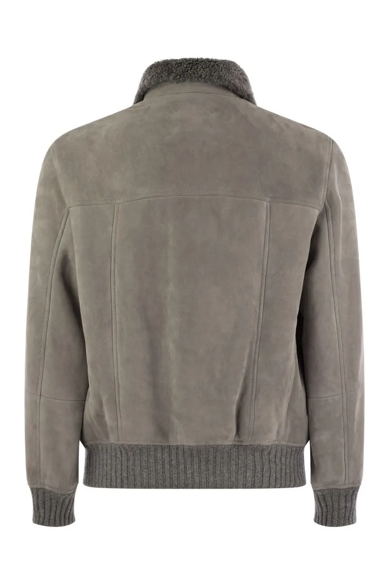 BRUNELLO CUCINELLI Luxury Suede Sheepskin Bomber Jacket with Wool Accents