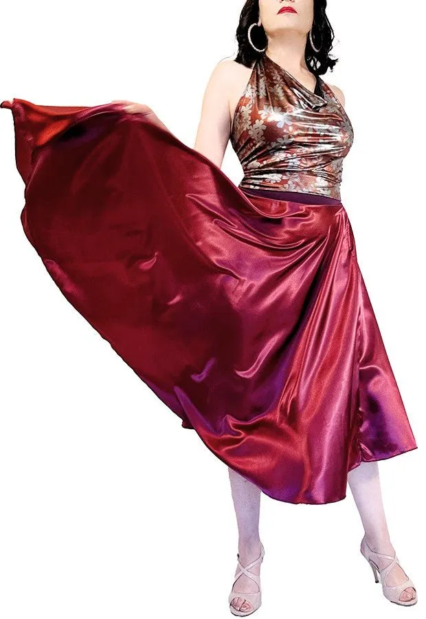 burgundy satin full circle skirt with slits