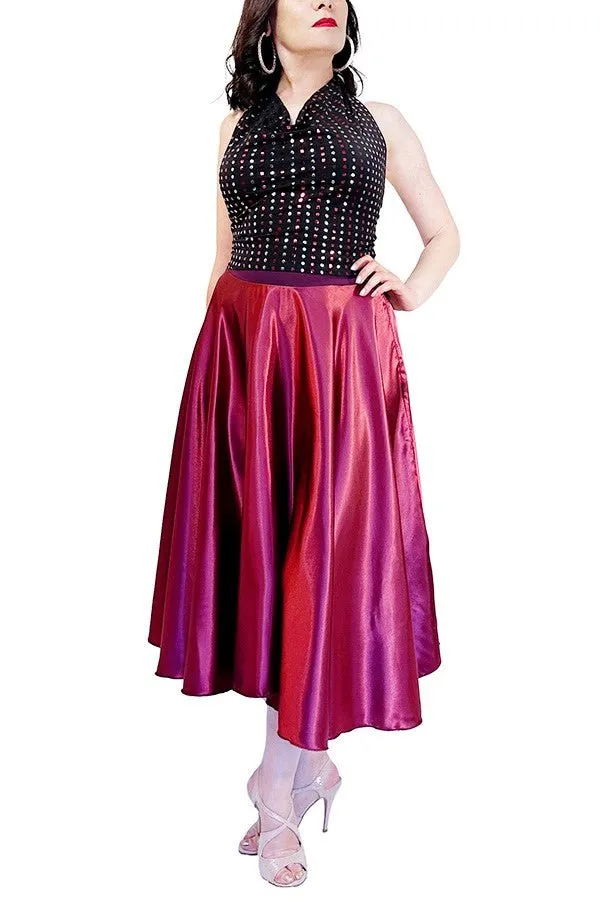 burgundy satin full circle skirt with slits