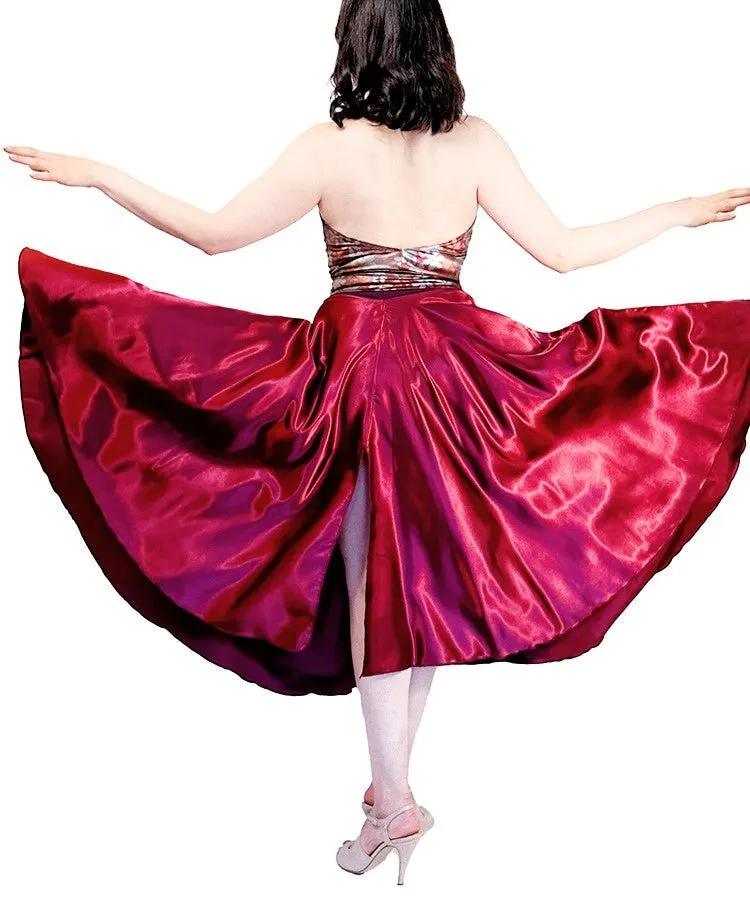 burgundy satin full circle skirt with slits