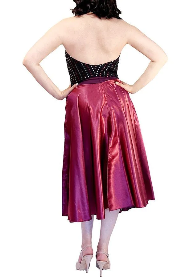 burgundy satin full circle skirt with slits