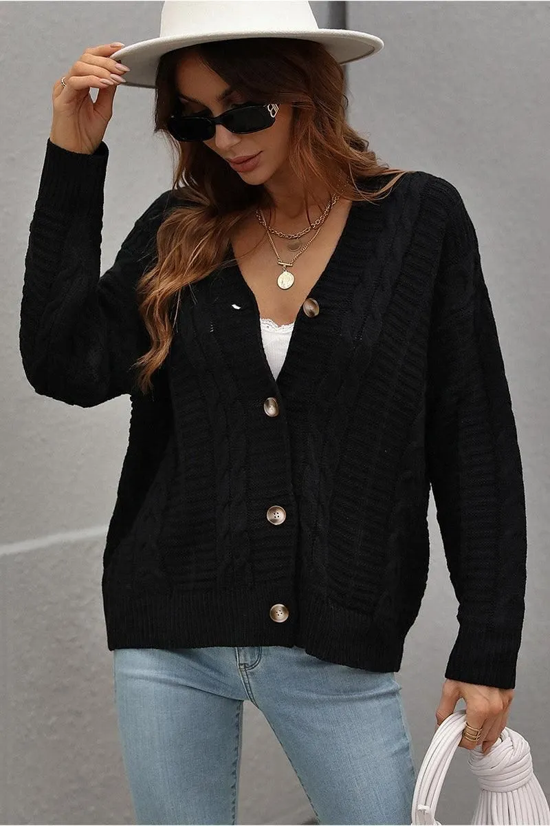 BUTTON DOWN CABLE KNIT CASUAL CARDIGAN