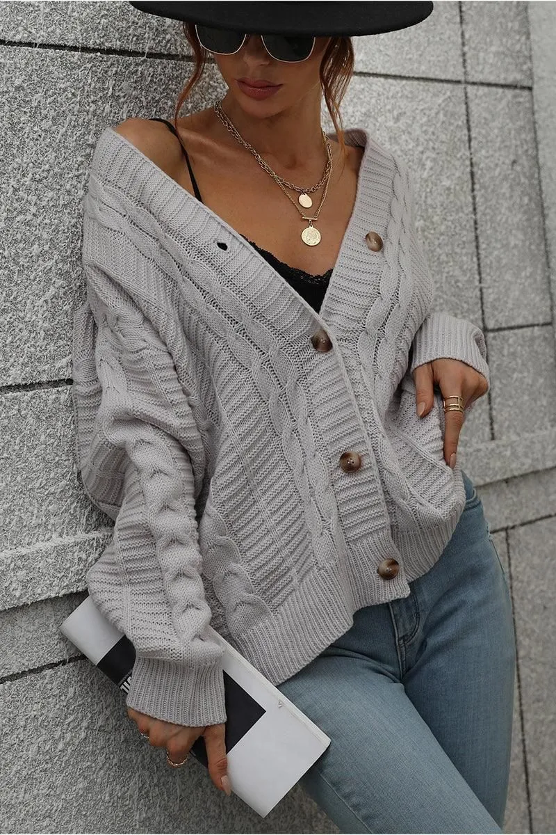 BUTTON DOWN CABLE KNIT CASUAL CARDIGAN