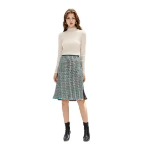 C153 Women tweed plaid fringed hem A-line midi skirt