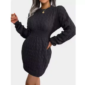 Cable Knit Mini Black Sweater Dress Crew Neck