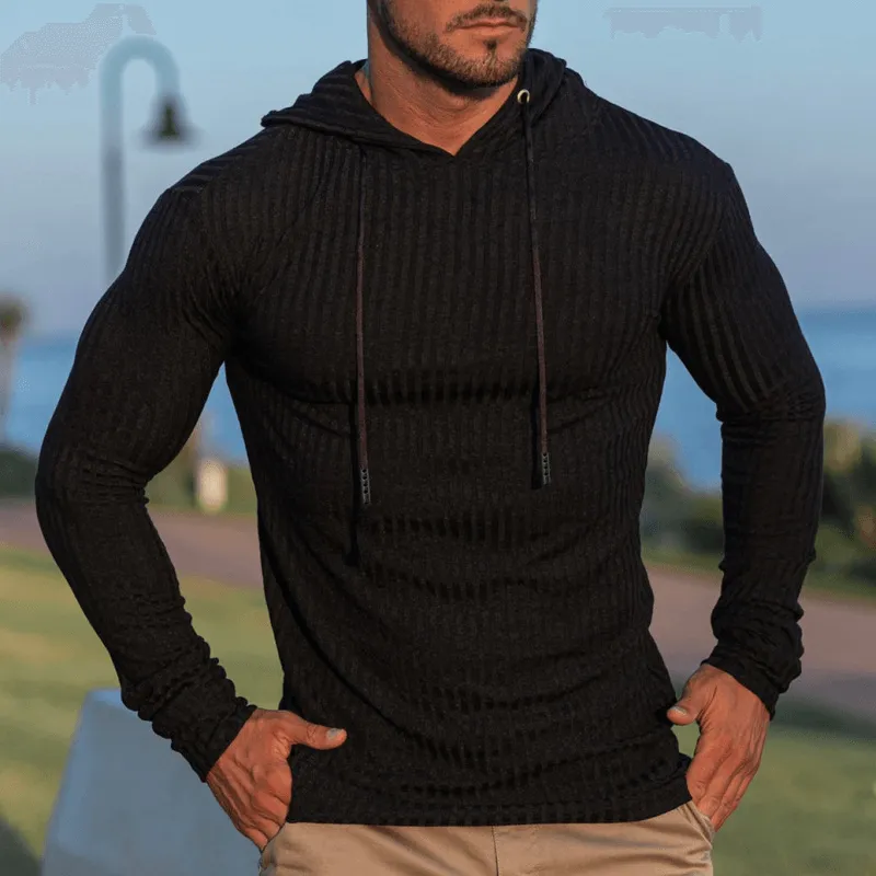 Casual Solid Color Hooded Long-Sleeved Knitted Sweatshirt