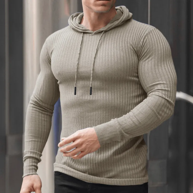 Casual Solid Color Hooded Long-Sleeved Knitted Sweatshirt