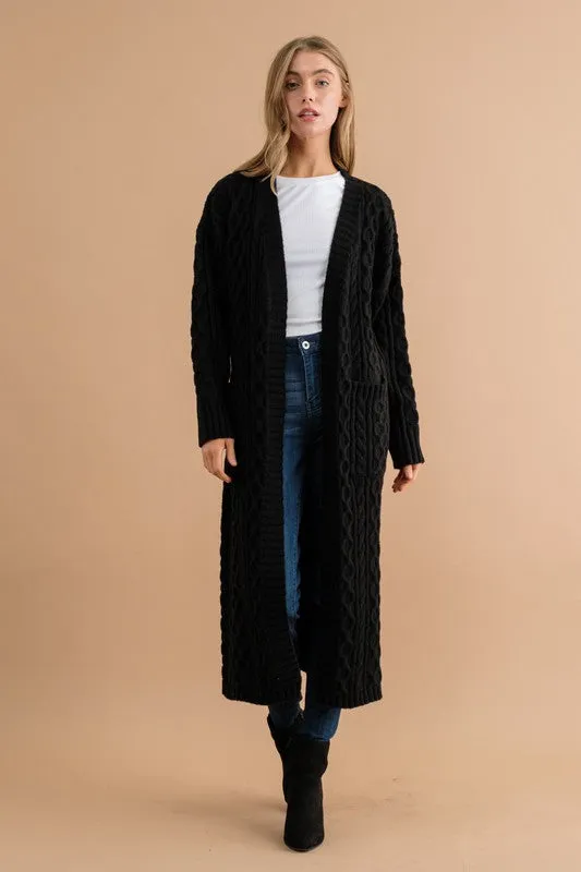 Charlene Long Duster Cable Sweater - Black