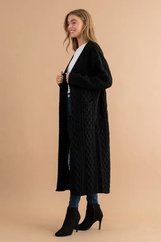 Charlene Long Duster Cable Sweater - Black